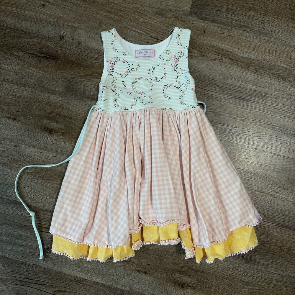 Sweethoney Girls 6Y Sleeveless Dress Floral Gingham Pink Twirl Spring Easter